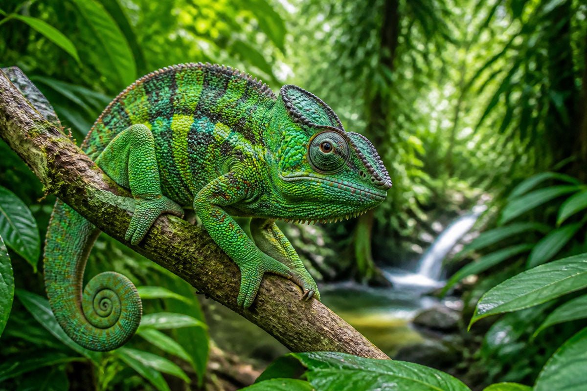 Colorful chameleon perched on a tree branch in tropical habitat