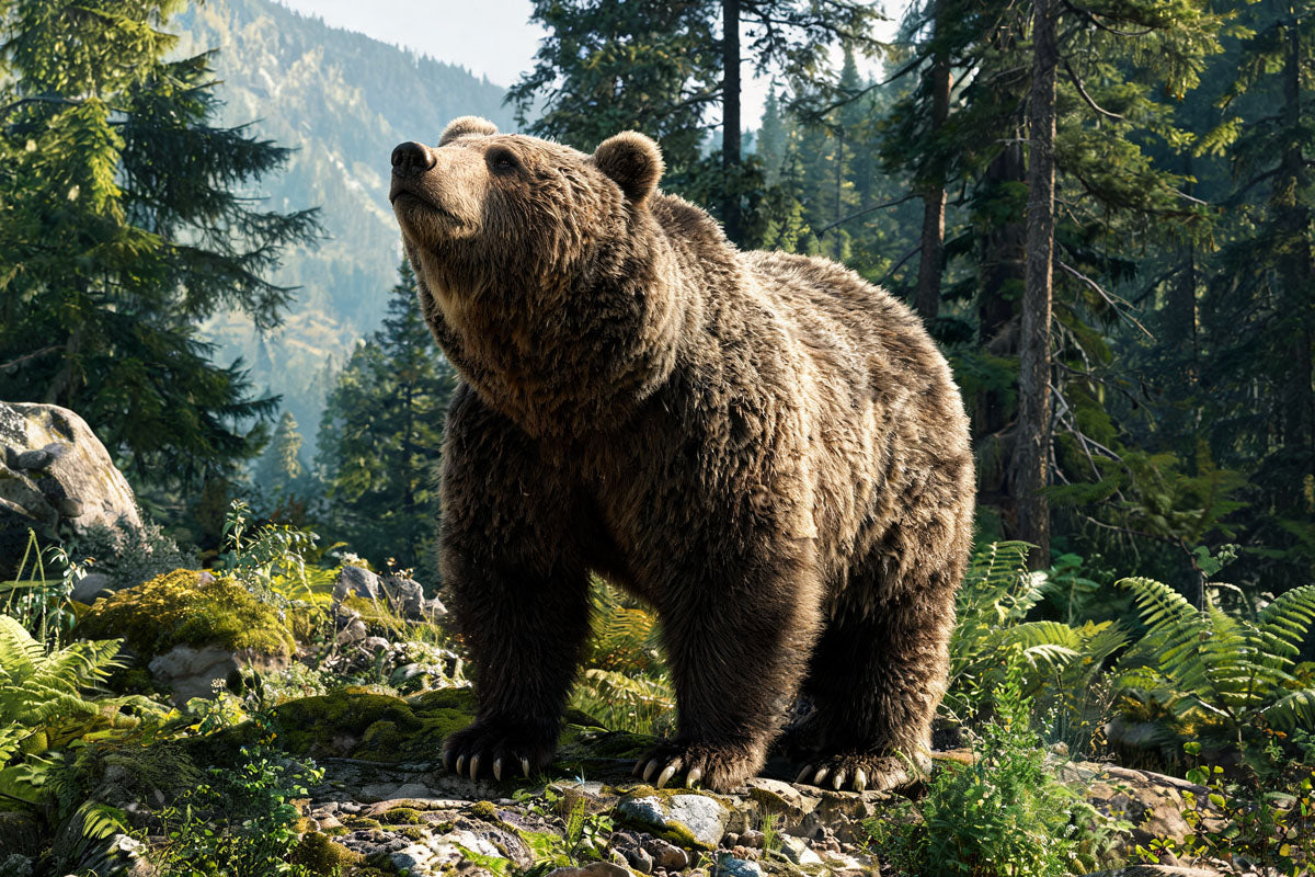 Grizzly bear standing in natural mountain wilderness habitat