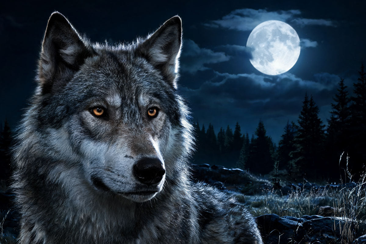 Close-up portrait of a gray wolf in natural forest habitat