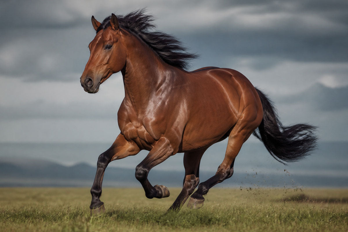 Elegant thoroughbred horse running in natural countryside habitat