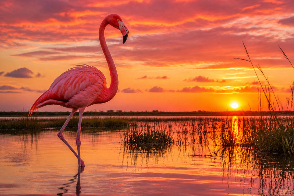 Pink flamingo standing in tropical wetland habitat