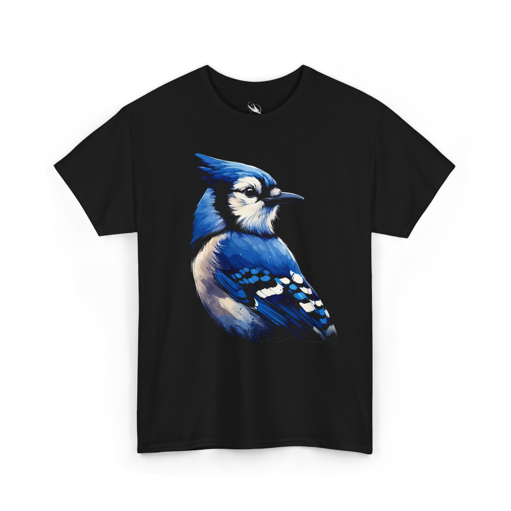 Detailed blue jay bird illustration featured on a nature-inspired graphic t-shirt