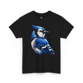 Detailed blue jay bird illustration featured on a nature-inspired graphic t-shirt