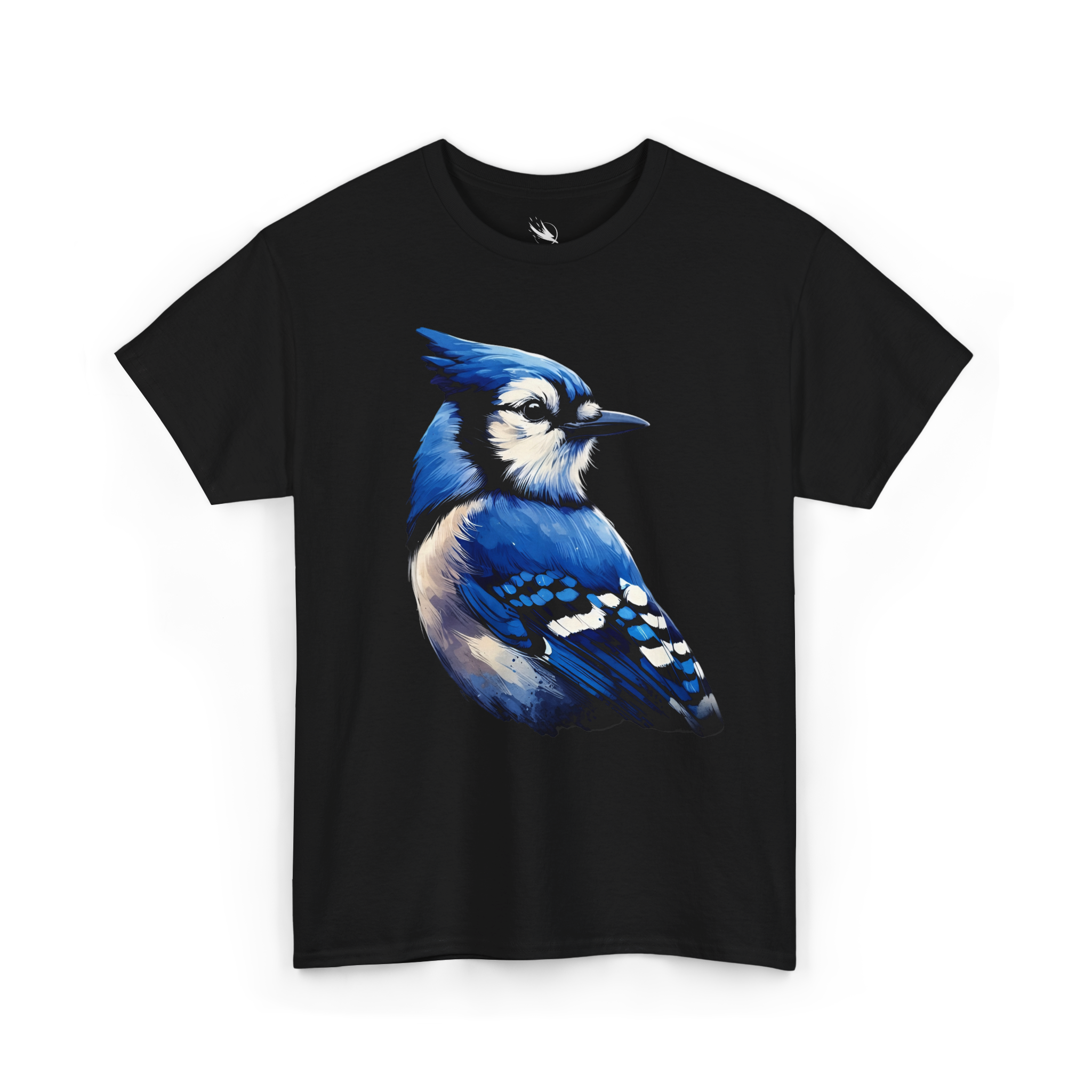Detailed blue jay bird illustration featured on a nature-inspired graphic t-shirt