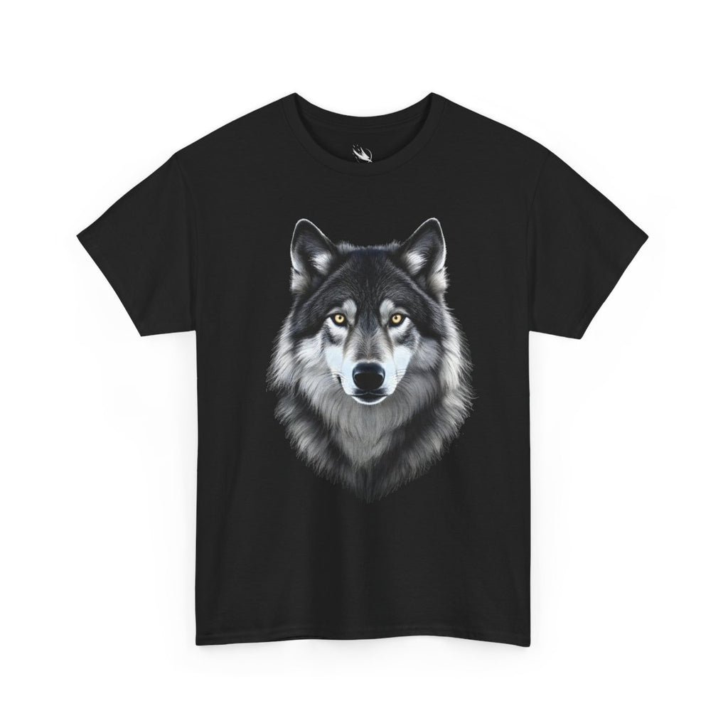 Realistic wolf portrait featured on a wildlife-themed graphic tee