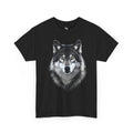 Realistic wolf portrait featured on a wildlife-themed graphic tee