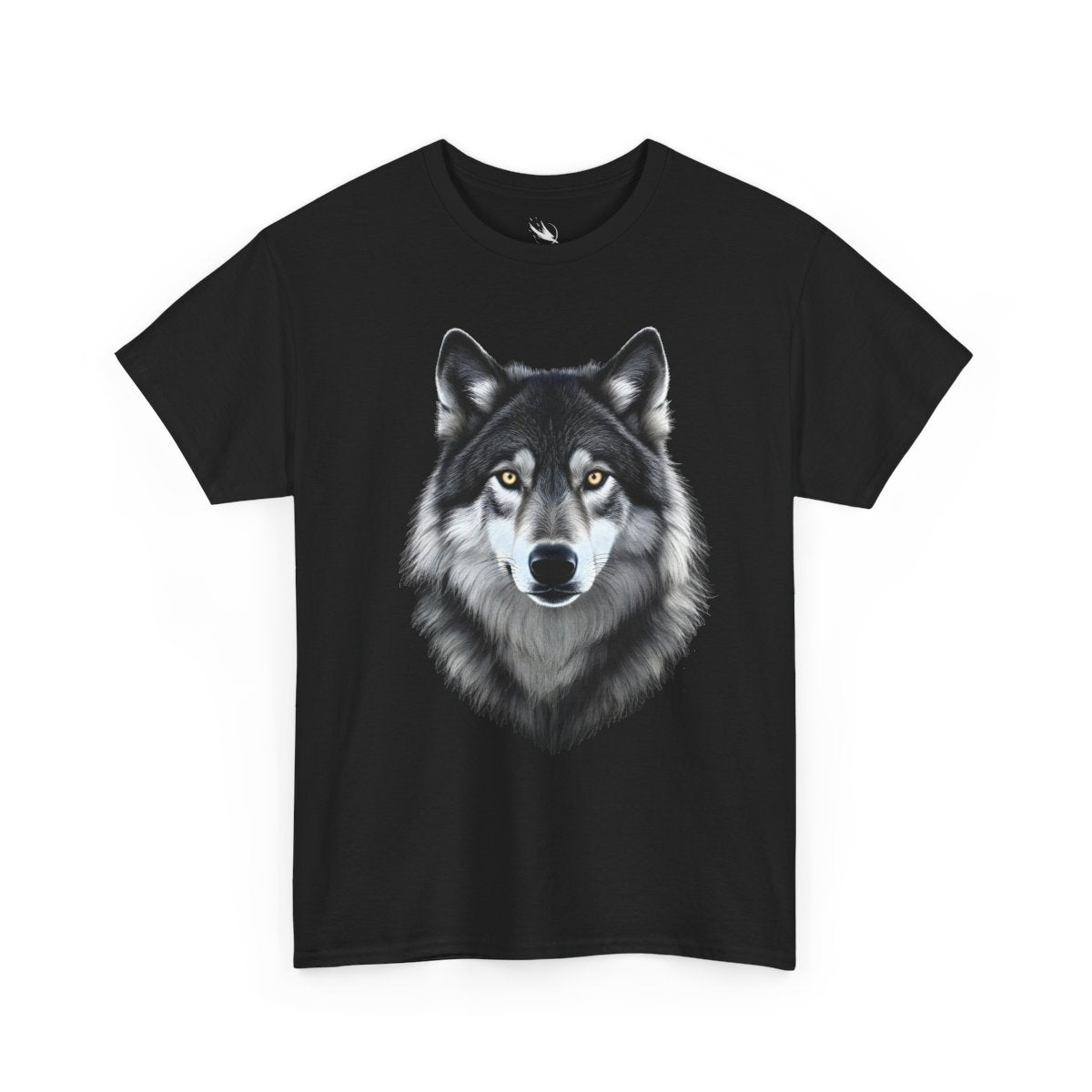 Realistic wolf portrait featured on a wildlife-themed graphic tee
