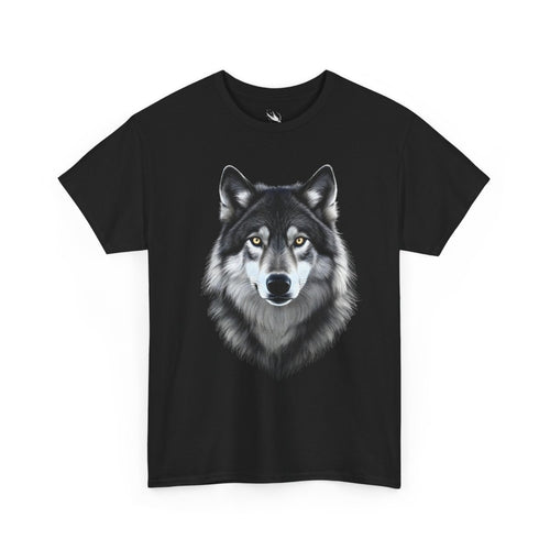Realistic wolf portrait featured on a wildlife-themed graphic tee