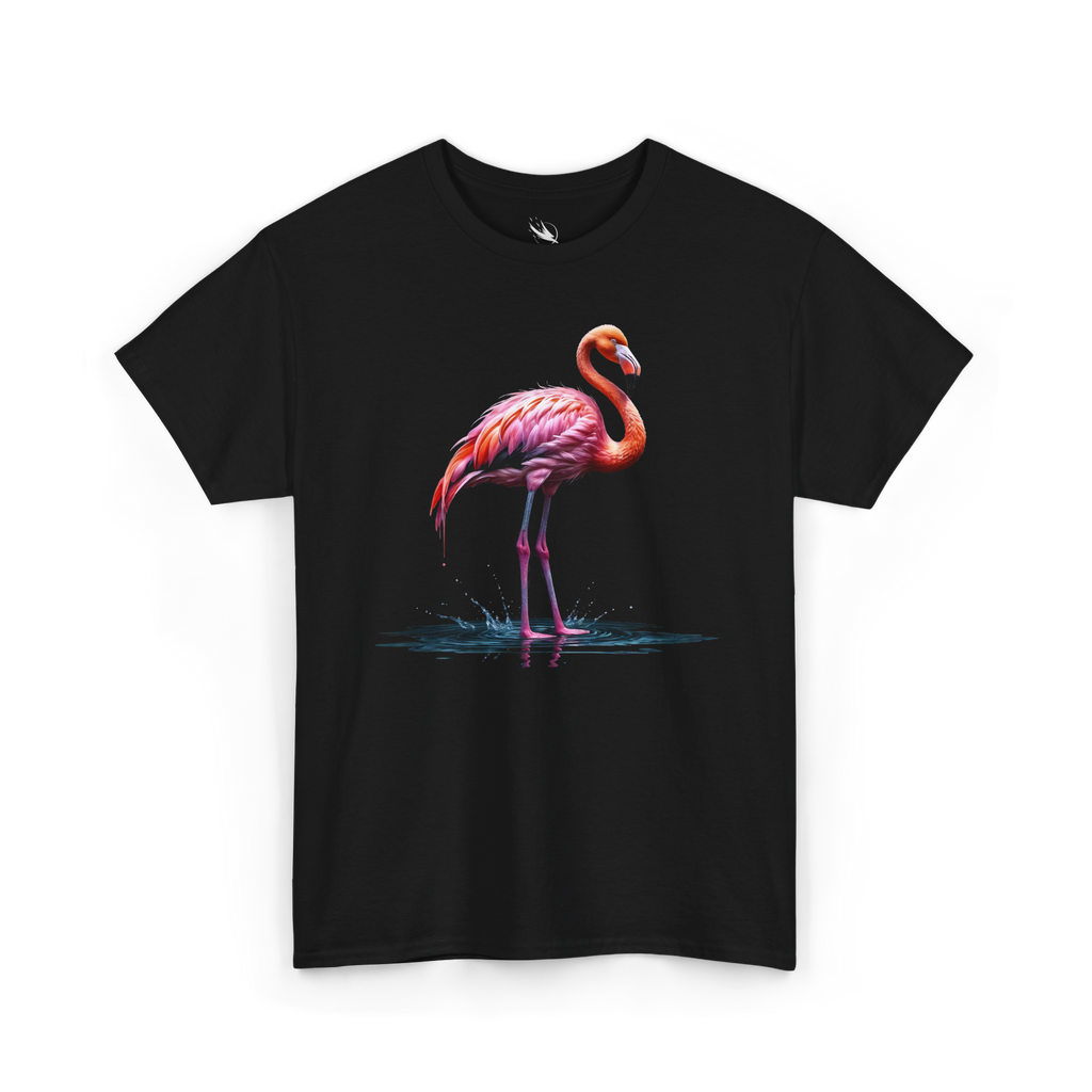 Bright pink flamingo illustration featured on a tropical graphic t-shirt
