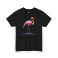 Bright pink flamingo illustration featured on a tropical graphic t-shirt