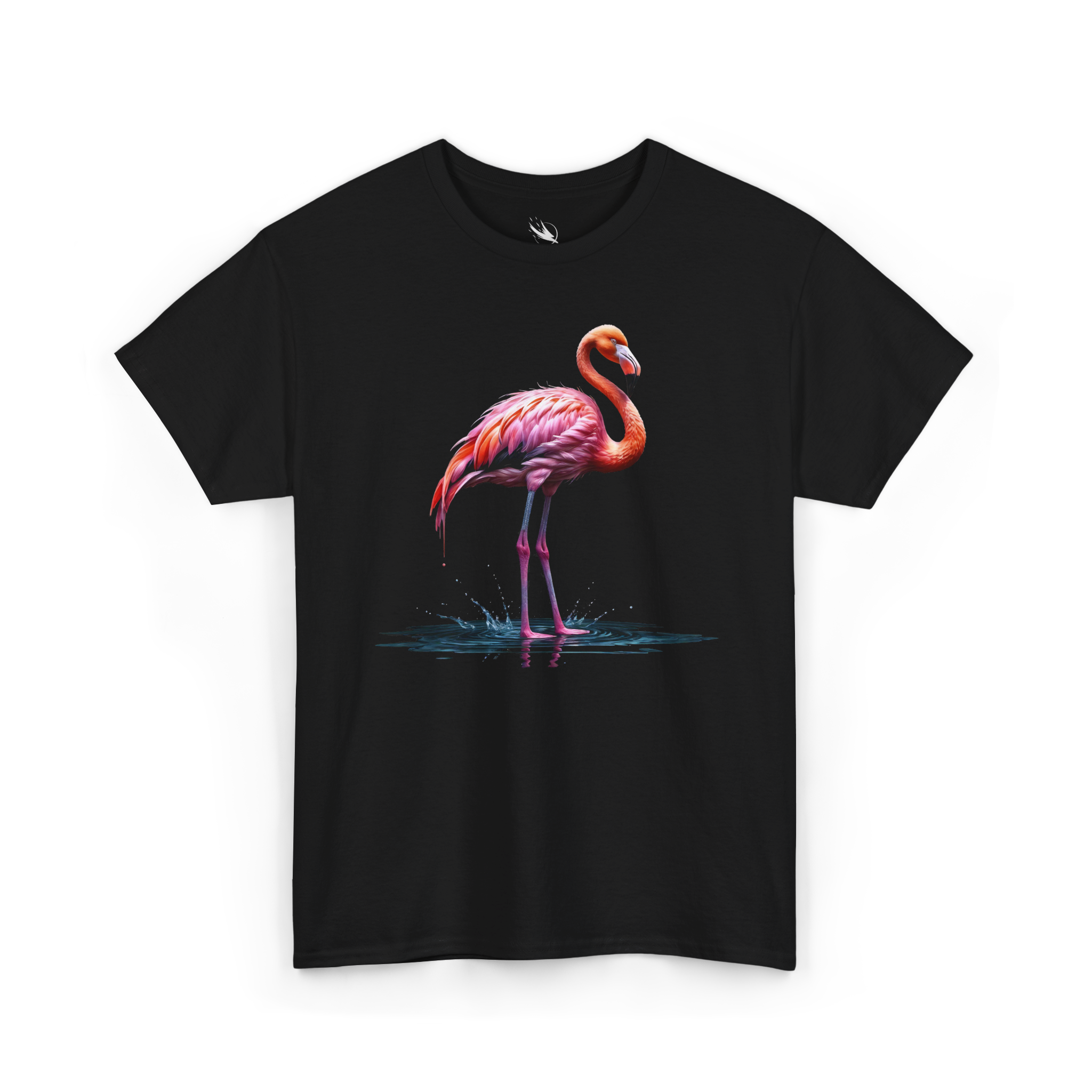 Bright pink flamingo illustration featured on a tropical graphic t-shirt