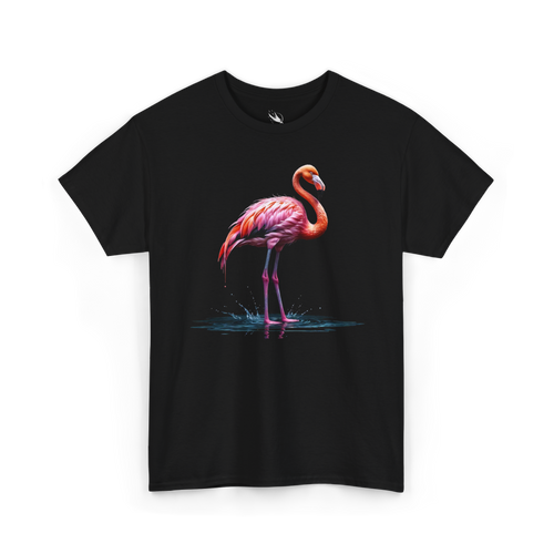 Bright pink flamingo illustration featured on a tropical graphic t-shirt