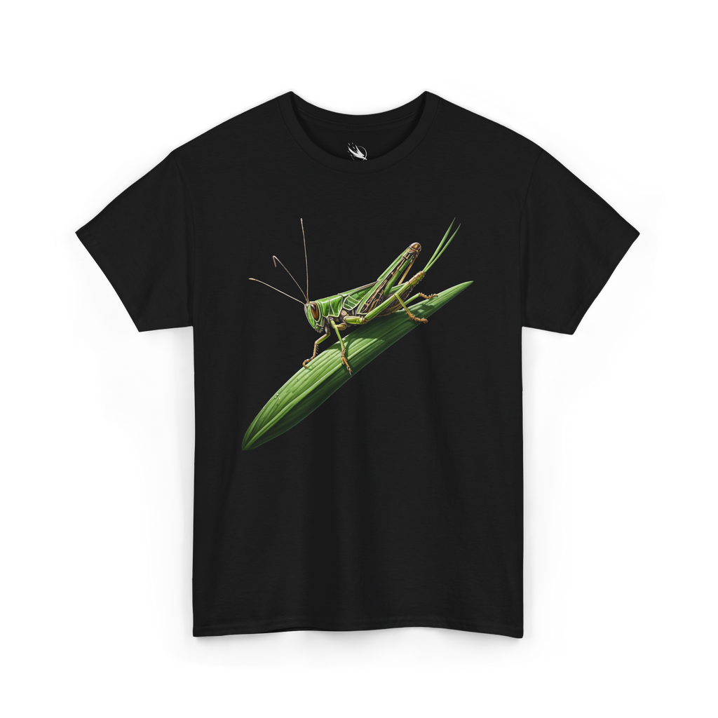 Realistic green grasshopper artwork designed for outdoor apparel fashion