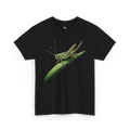 Realistic green grasshopper artwork designed for outdoor apparel fashion