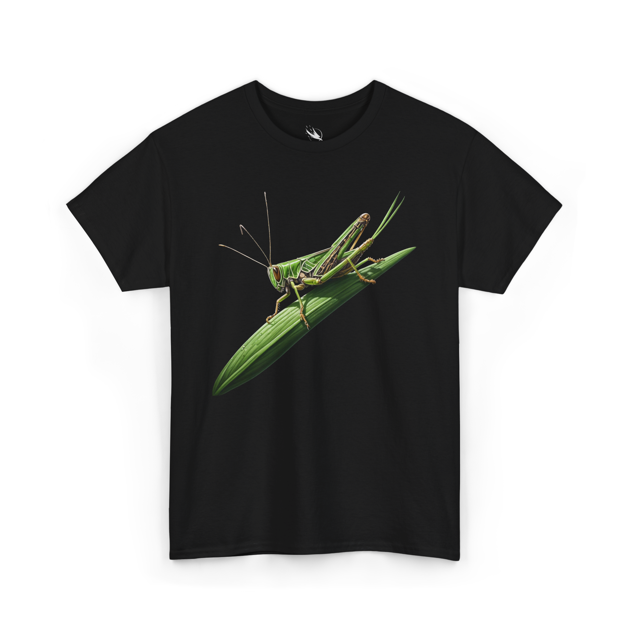 Realistic green grasshopper artwork designed for outdoor apparel fashion