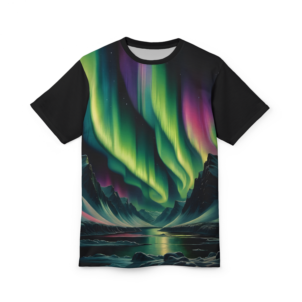 Vibrant northern lights glowing above a mountain landscape on a graphic t-shirt