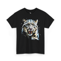 Realistic snow leopard portrait featured on a modern wildlife-themed tee