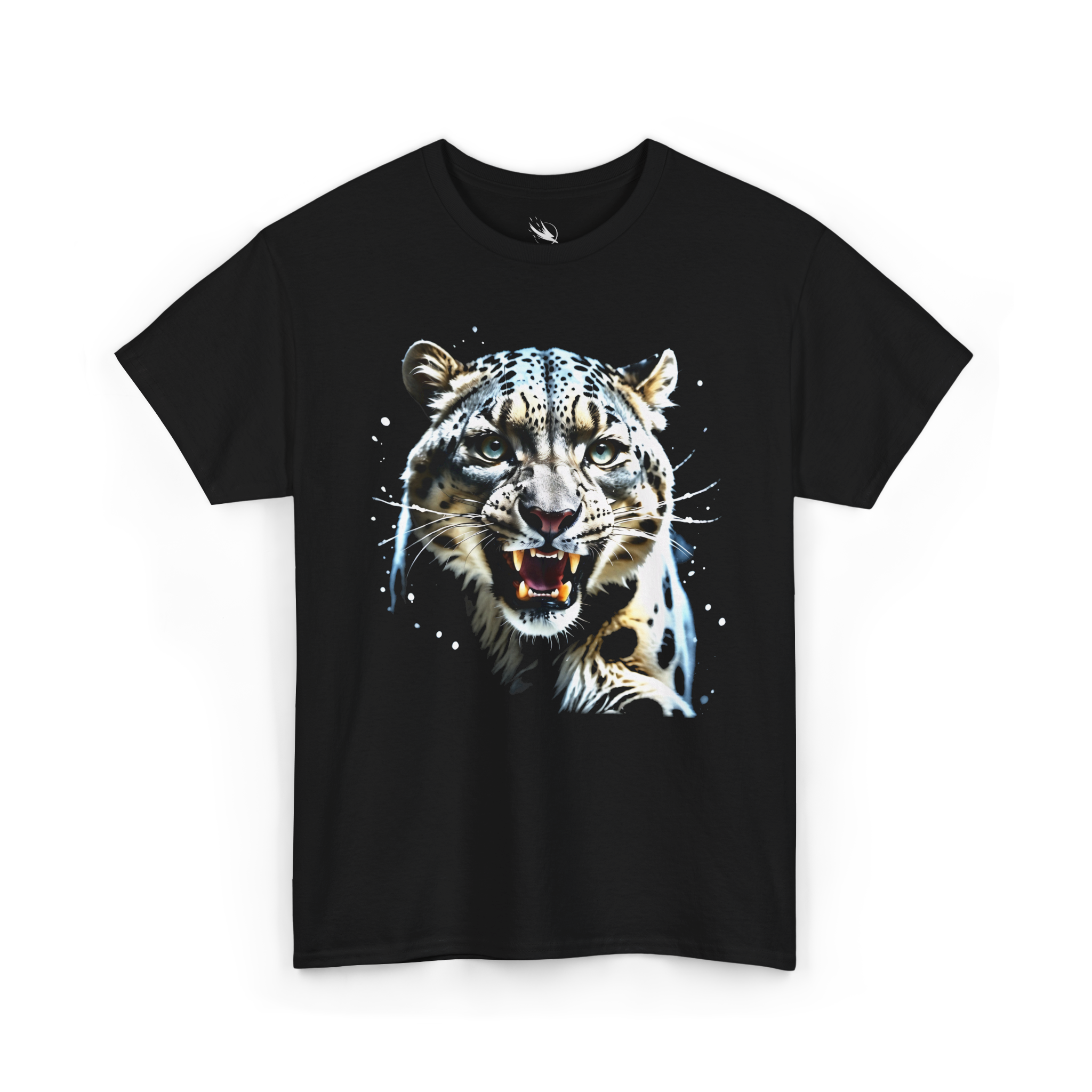 Realistic snow leopard portrait featured on a modern wildlife-themed tee