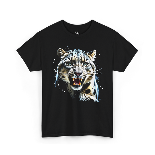 Realistic snow leopard portrait featured on a modern wildlife-themed tee