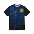 Starry night sky above a mountain landscape featured on a nature-inspired t-shirt
