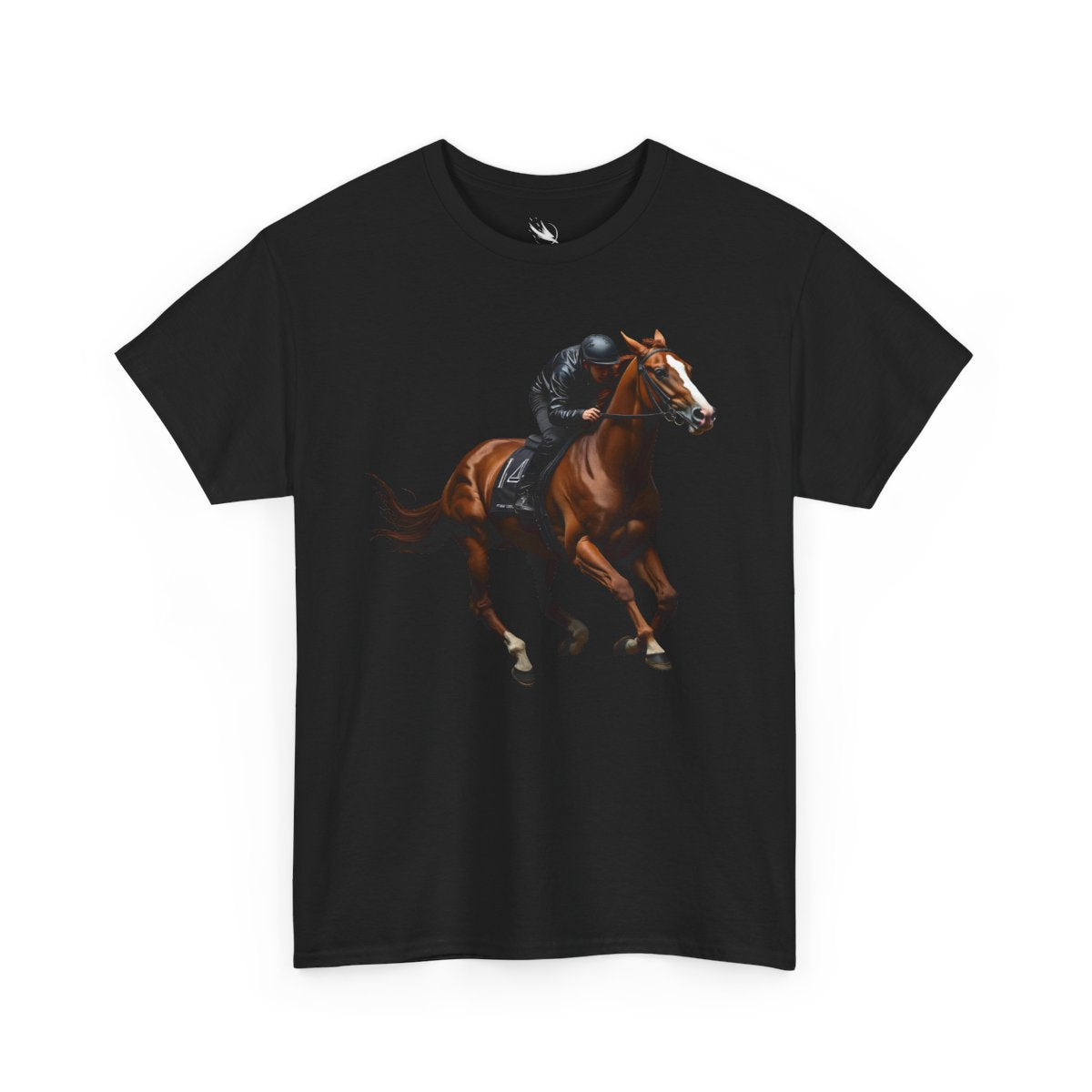 Detailed thoroughbred race horse illustration featured on a graphic t-shirt design